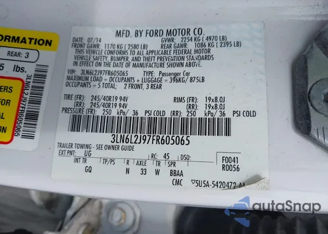 2015 Lincoln Mkz из США, поврежденный, VIN 3LN6L2J97FR605065